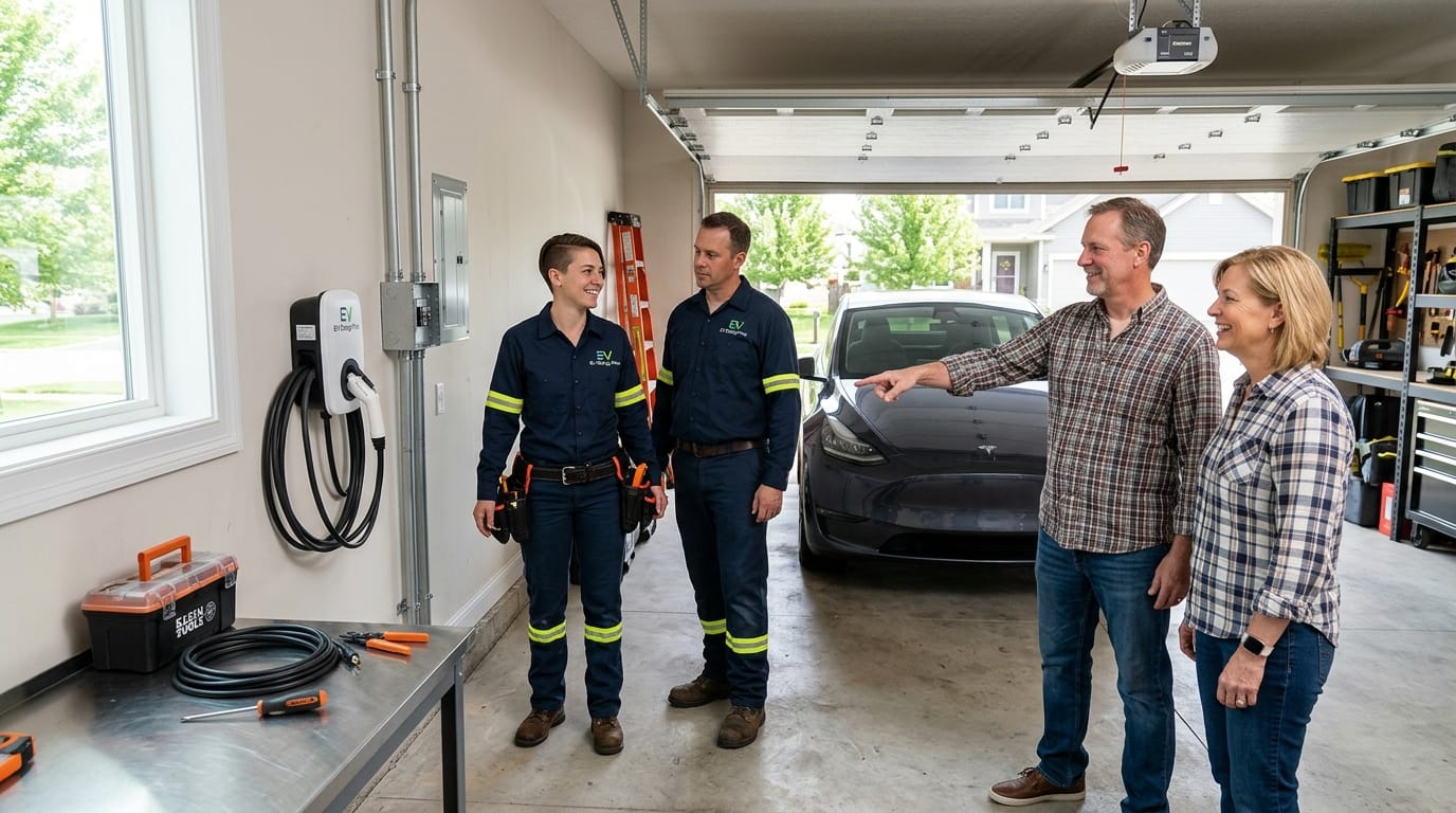Licensed electrician mounting a Level 2 EV charger in a clean residential garage, Twin Cities MN