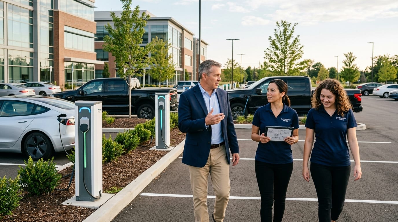 Four networked commercial EV charger pedestals installed in a suburban office parking lot, Eden Prairie MN